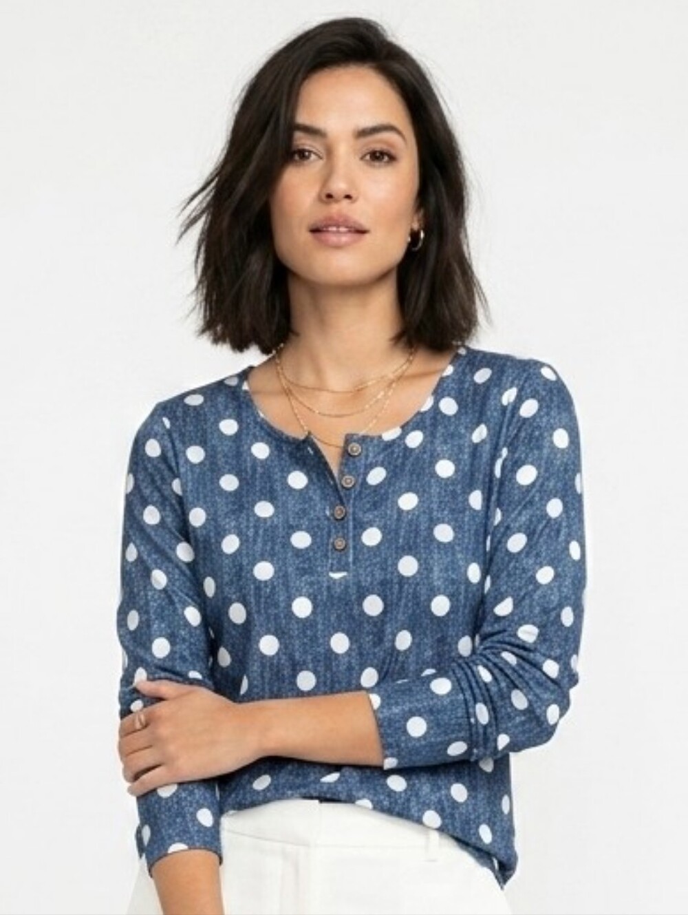Navy Blue Polka Dot Henley Long Sleeve Top XL